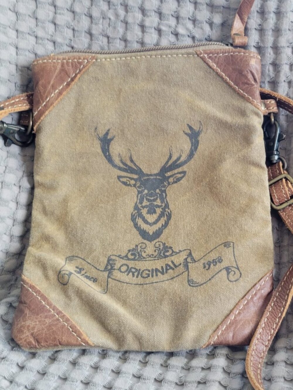 Canvas Crossbody Bag with Deer Print - Tan